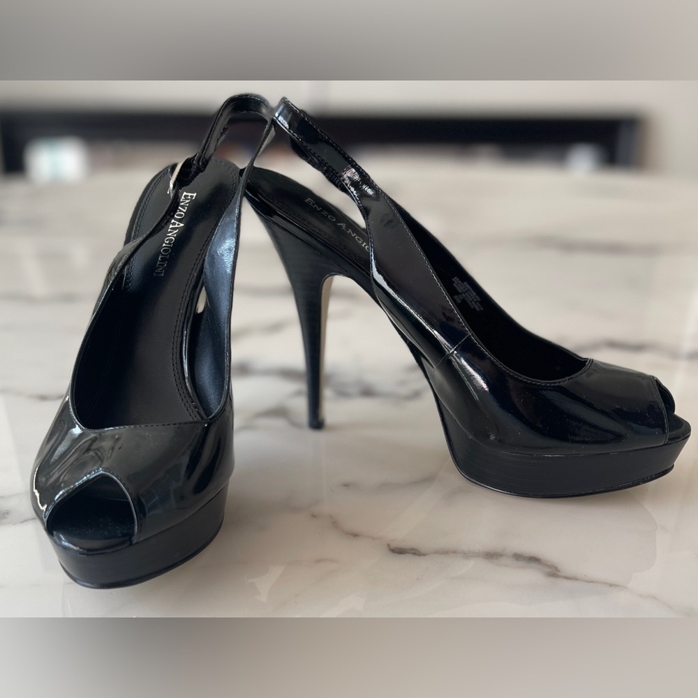 Enzo Angiolini Black Patent Platform Slingbacks unworn